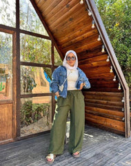 Linen Pants by Jessy – Premium breathable linen, one-size fits up to 85 kg in color olive