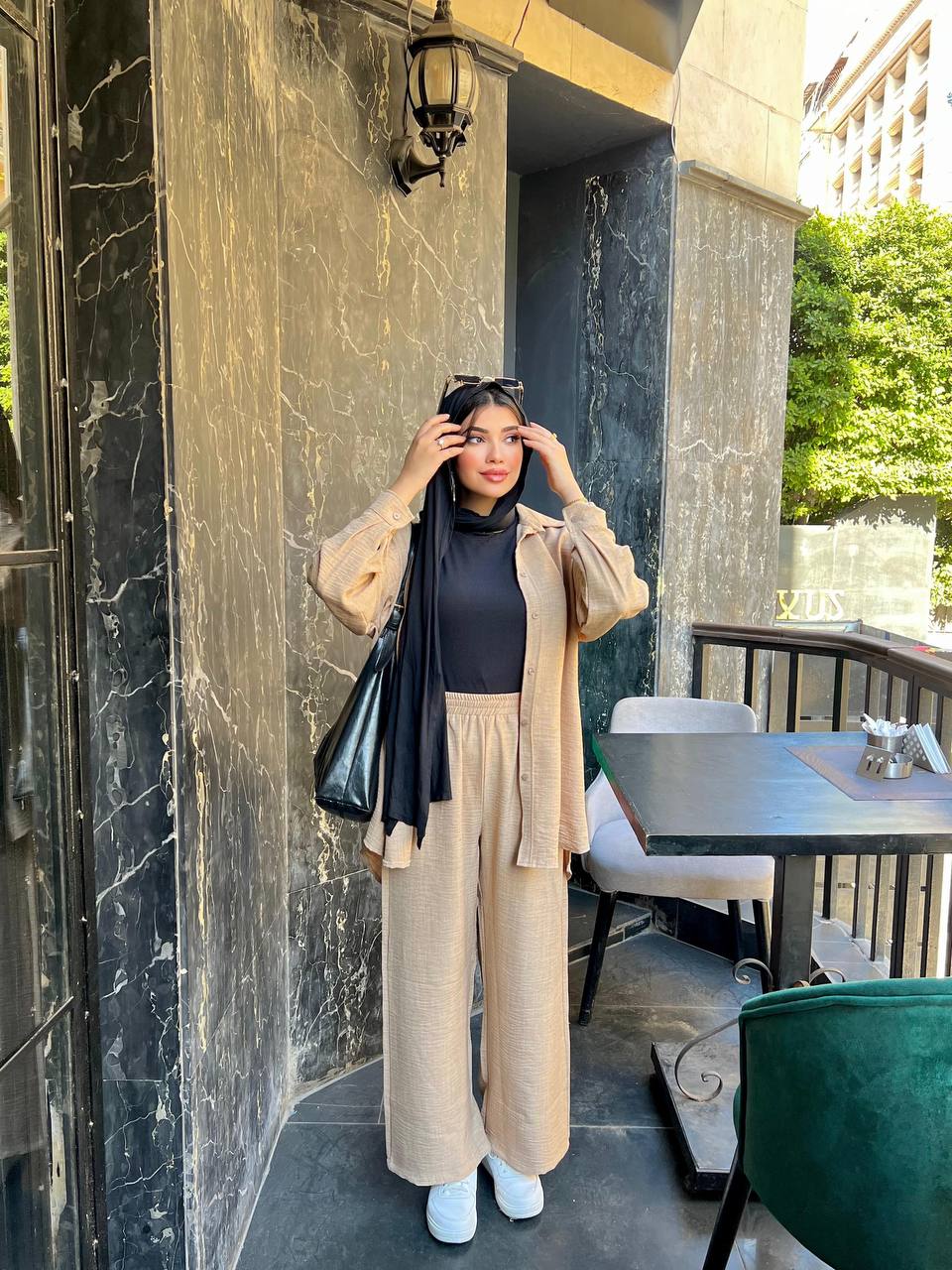 Modest Glow Set by Jessy – Two-piece linen suit, modest fit, one size fits up to 90 kg in color beige