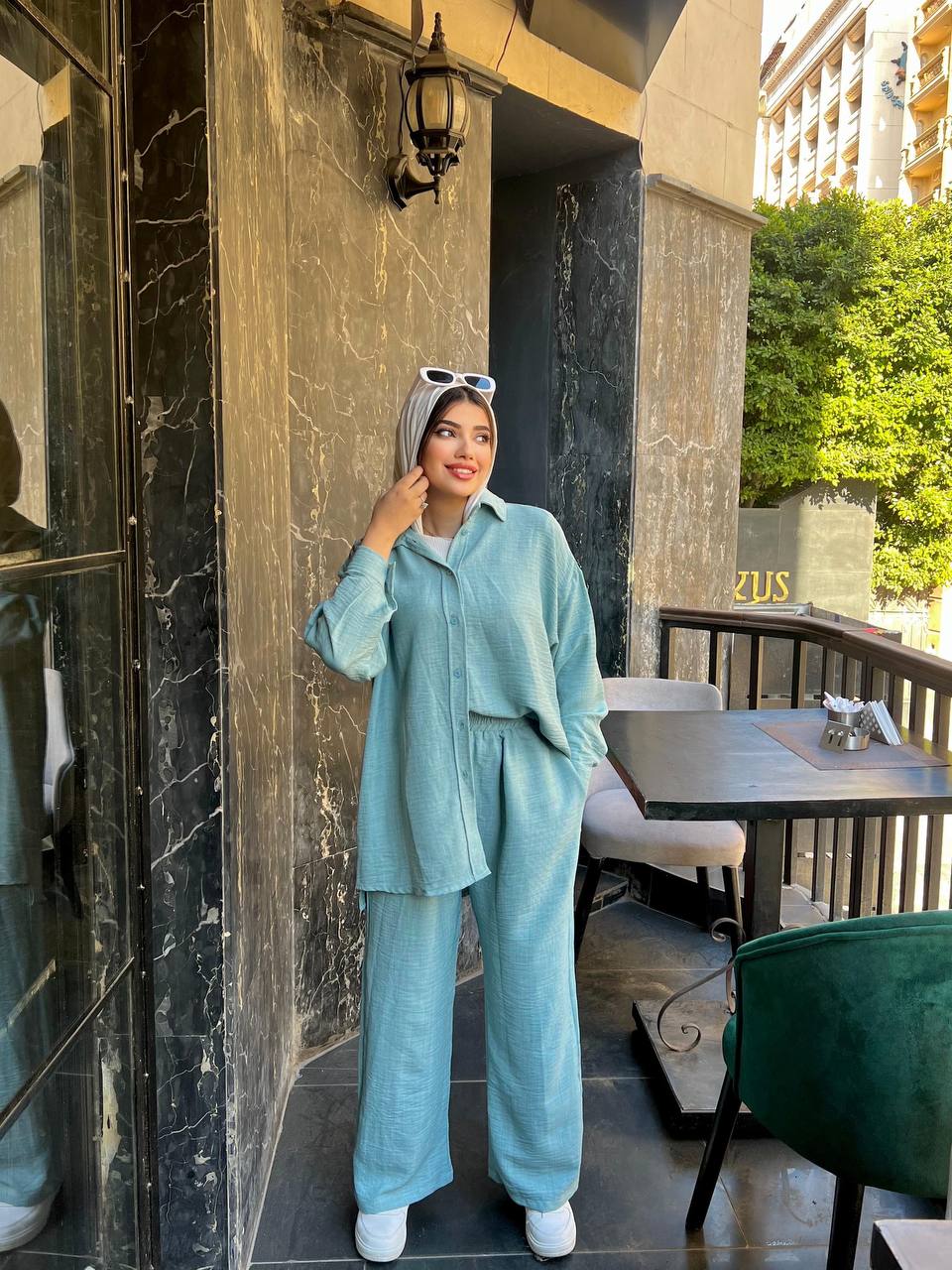 Modest Glow Set by Jessy – Two-piece linen suit, modest fit, one size fits up to 90 kg in color blue