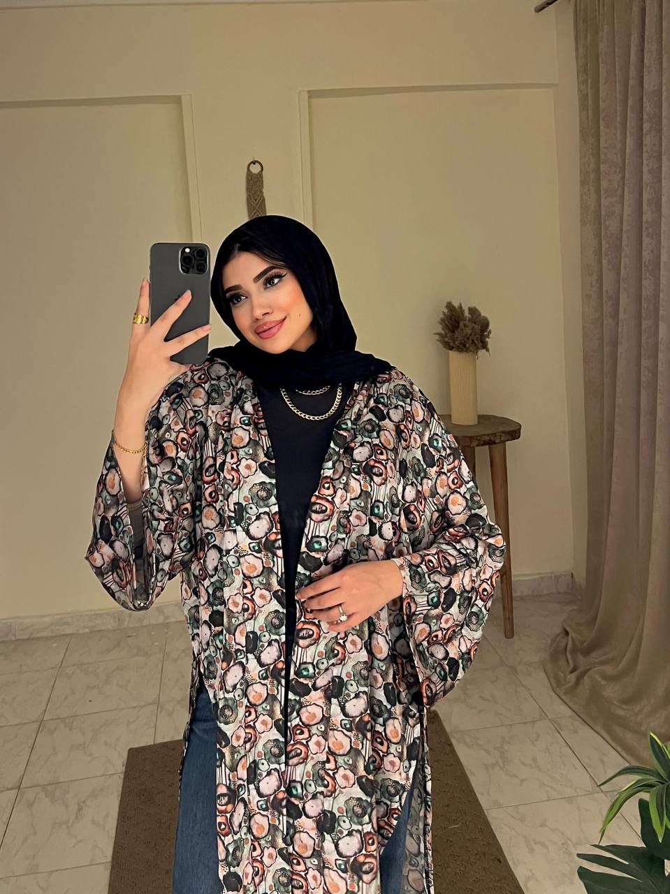 Short Printed Kimono 6 by Jessy – Silk satin summer cardigan with bold prints, fits up to 100 kg