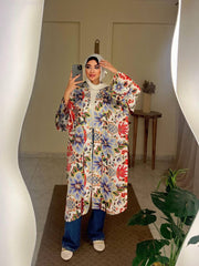 Short Printed Kimono by Jessy – Silk satin summer cardigan with bold prints, fits up to 100 kg