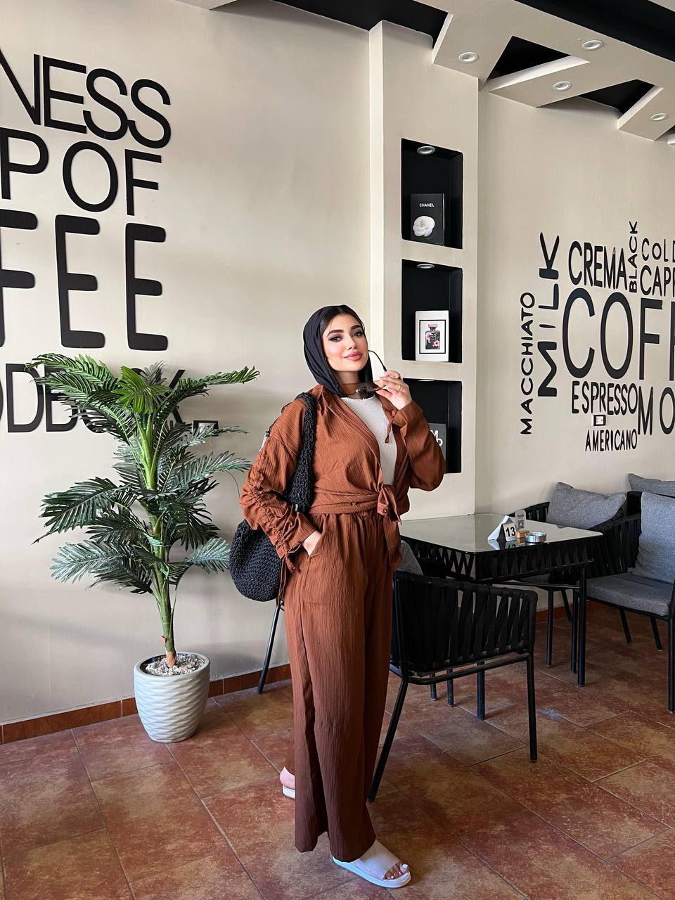 Strass Set by Jessy – Two-piece Fresca cotton suit with shoulder chains, fits up to 85 kg in Brown