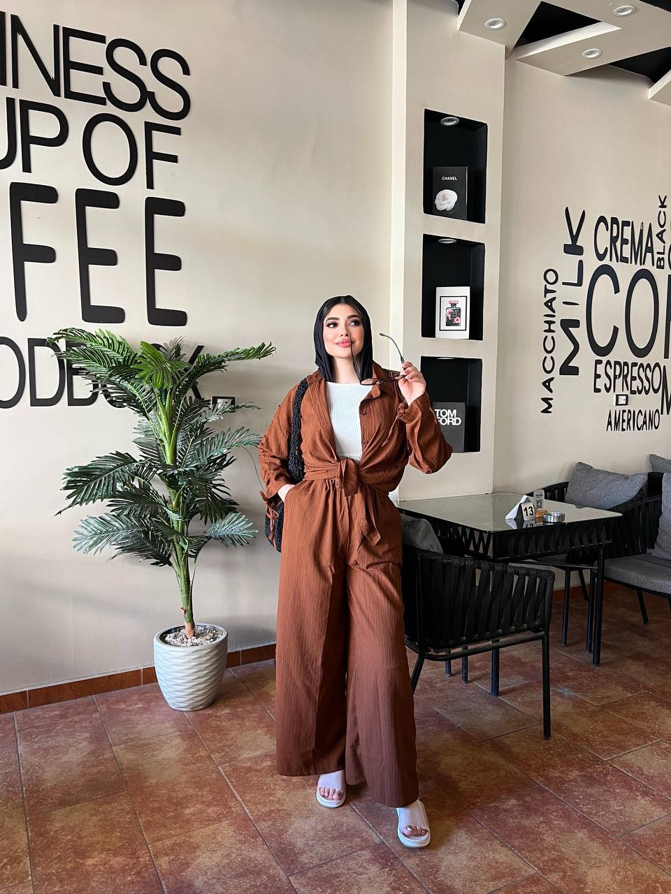Strass Set by Jessy – Two-piece Fresca cotton suit with shoulder chains, fits up to 85 kg in Brown