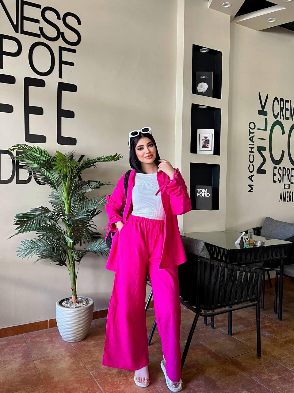 Strass Set by Jessy – Two-piece Fresca cotton suit with shoulder chains, fits up to 85 kgin color Hotpink
