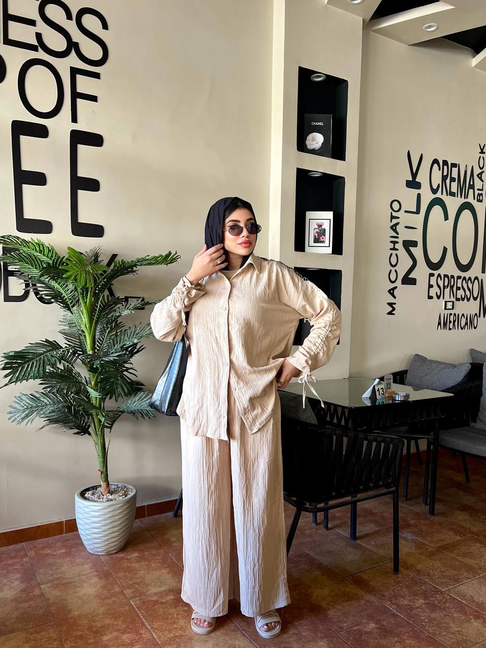 Strass Set by Jessy – Two-piece Fresca cotton suit with shoulder chains, fits up to 85 kg in color beige