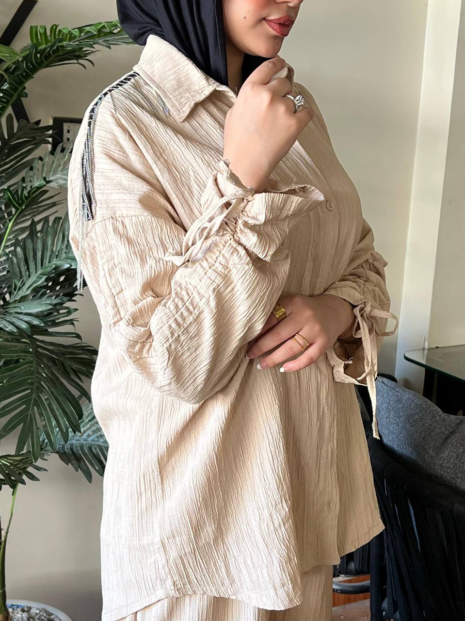 Strass Set by Jessy – Two-piece Fresca cotton suit with shoulder chains, fits up to 85 kg in color beige