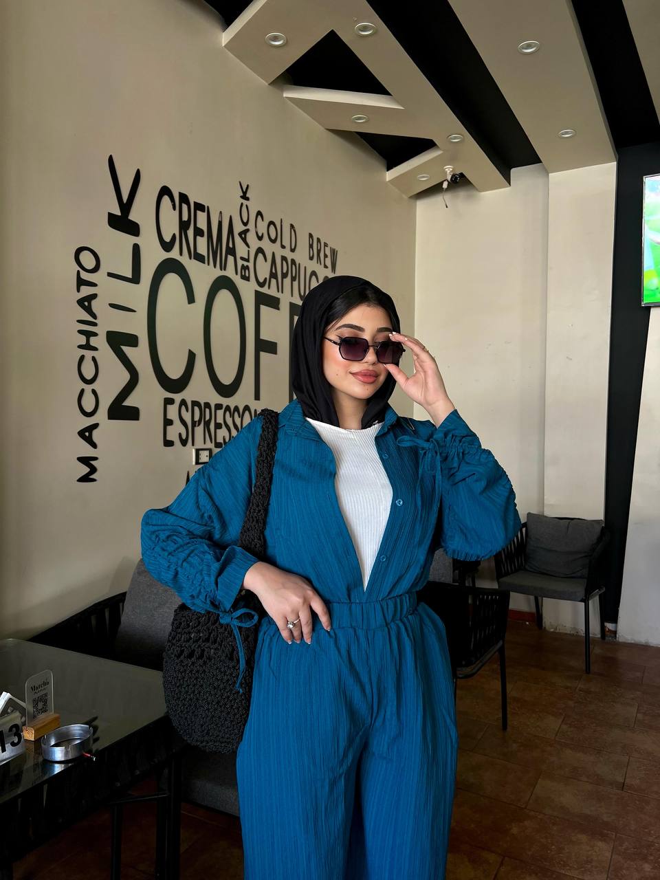Strass Set by Jessy – Two-piece Fresca cotton suit with shoulder chains, fits up to 85 kg in Blue